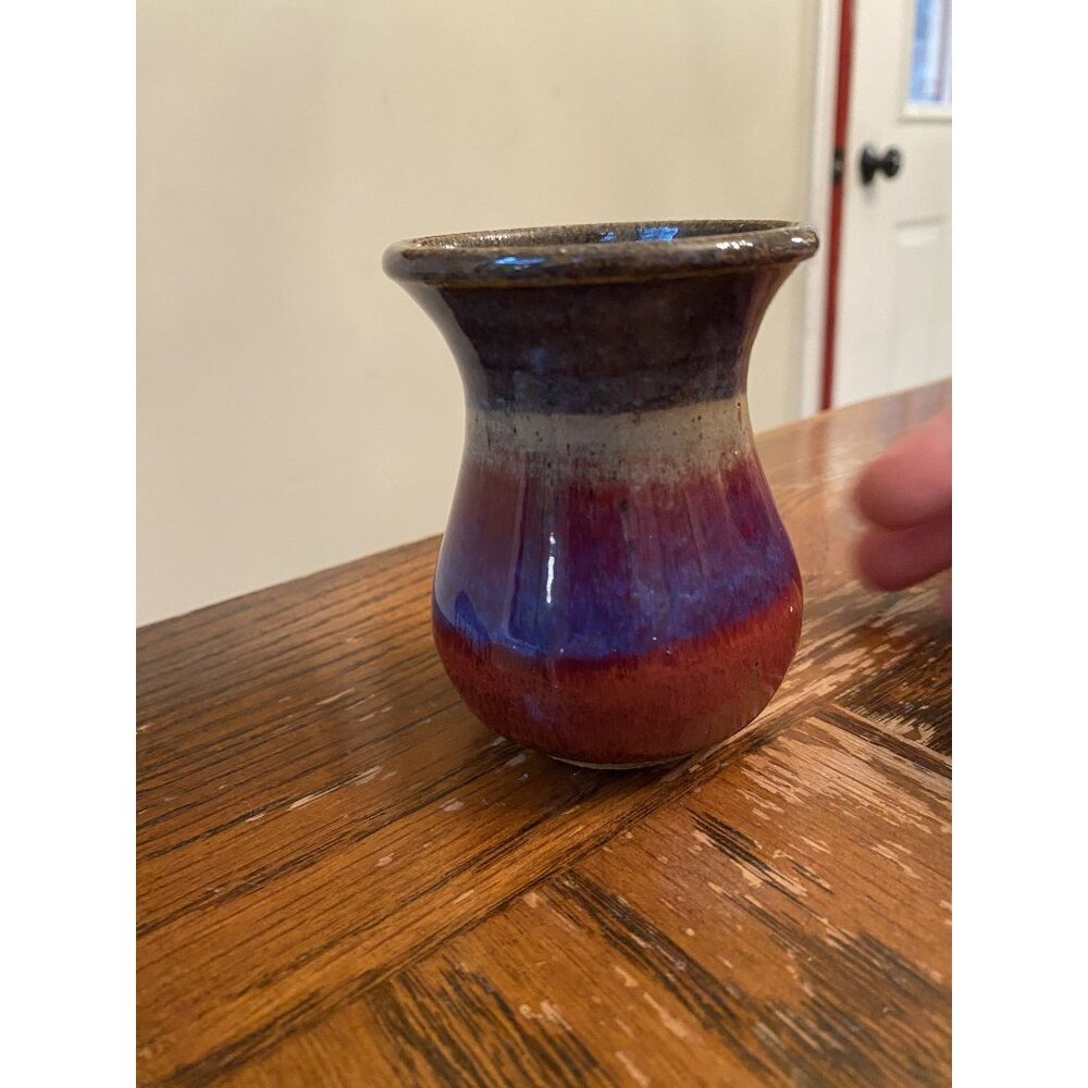 Handcrafted Clay Pottery Dandelion Vase With Gradient Blue & Red Glaze 3.5" tall